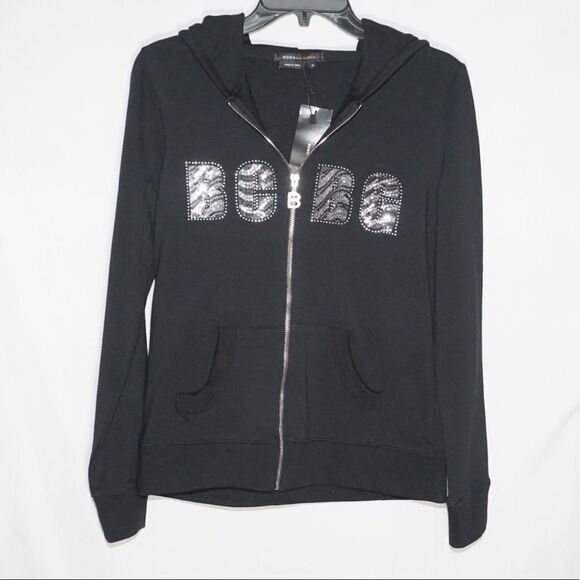 BCBGMaxAzria NWT Black Hooded Jacket with Zebra Striped Sequins - Picture 1 of 5